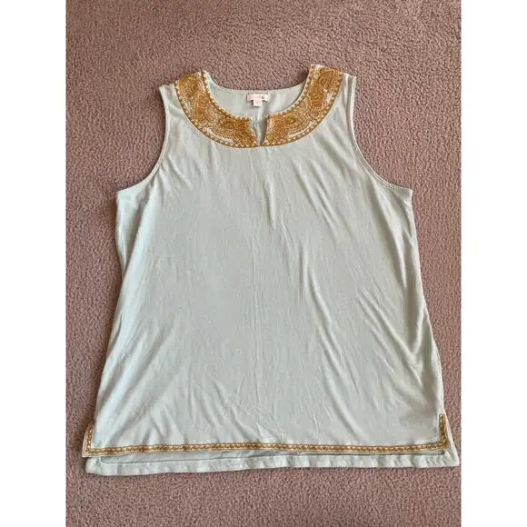 J Jill Tank Top Large Embroidered V-Neck Sleeveless Blouse Stretch Gold Beach - Picture 12 of 13